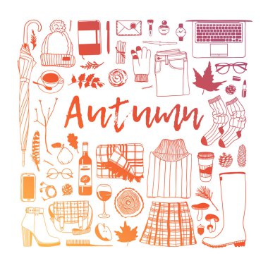 Elle çizilmiş sonbahar illüstrasyon. Yaratıcı mürekkep sanat okulu şeyler çalışır. Gerçek vektör öğrenci Seamless modeli - vektör