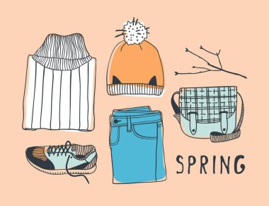 Elle çizilmiş moda illüstrasyon. Yaratıcı mürekkep sanat eseri. Gerçek vektör çizim bahar bakmak. Sokak aşınma ayarlamak bahar bakmak için