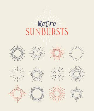 Vintage Sunbursts farklı şekillerde kümesi. Trendy elle çizilmiş Retro patlama ışınları tasarım öğeleri. Yenilikçi vektör çizim - vektör