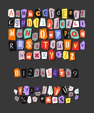 Colorful Newspaper alphabet. Hand made anonymous set. Vector Letters, numbers and punctuation marks different fonts clipart
