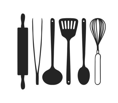 Çizilmiş çizim araçları, yemekleri ve yemek yemek ver. Yaratıcı mürekkep sanat eseri. Gerçek vektör çizim. Mutfak takımı - vektör