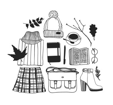 Elle çizilmiş sonbahar illüstrasyon. Yaratıcı mürekkep sanat okulu şeyler çalışır. Gerçek vektör öğrenci Seamless modeli - vektör