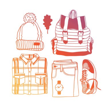 Elle çizilmiş moda illüstrasyon. Yaratıcı mürekkep sanat eseri. Gerçek vektör çizim bahar bakmak. Sokak giyim Sonbahar görünüm için ayarla