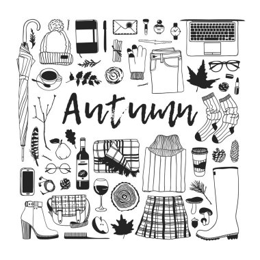 Elle çizilmiş sonbahar illüstrasyon. Yaratıcı mürekkep sanat okulu şeyler çalışır. Gerçek vektör öğrenci Seamless modeli - vektör