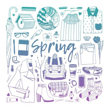 Elle çizilmiş moda illüstrasyon. Yaratıcı mürekkep sanat eseri. Çizim gerçek vektör bahar. Bahar aşınma ayarlamak. Vektör