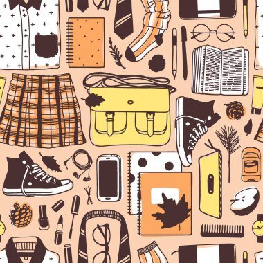 Elle çizilmiş sonbahar illüstrasyon. Yaratıcı mürekkep sanat okulu şeyler çalışır. Gerçek vektör öğrenci Seamless modeli - vektör