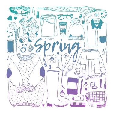 Elle çizilmiş moda illüstrasyon. Yaratıcı mürekkep sanat eseri. Çizim gerçek vektör bahar. Bahar aşınma ayarlamak. Vektör