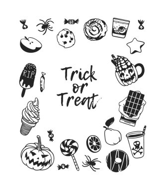 dizi düz Cadılar Bayramı simgeler, siyah ve beyaz, vektör çizim 