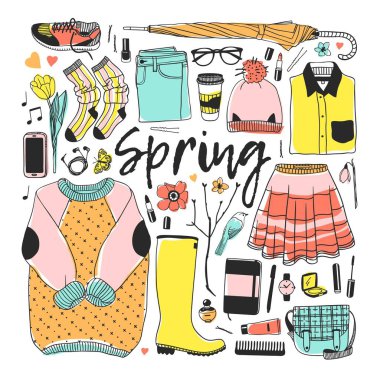 Elle çizilmiş moda illüstrasyon. Yaratıcı mürekkep sanat eseri. Çizim gerçek vektör bahar. Bahar aşınma ayarlamak. Vektör