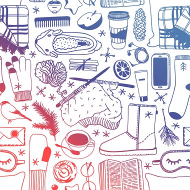 El Noel nesneler ile çizilmiş seamless modeli. Vektör kutlama çizim. Yaratıcı sanat çalışmaları. Sıcacık kış dekorasyon. Doodle tatil arka plan. -Vektör