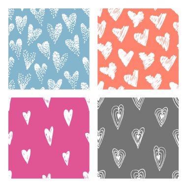 elle çizilmiş grunge Dikişsiz desen seti. Romantik arka planlar. Doodle çizim soyut. Vektör sanat illüstrasyon kalp - vektör