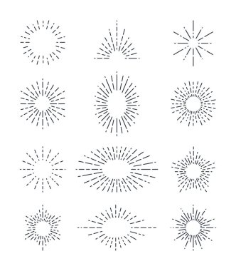 Farklı şekillerde Vintage Sunburst seti. Moda El Çekimi Retro Patlama Işınları Tasarım Elementleri. Hipster Vektör illüstrasyonu