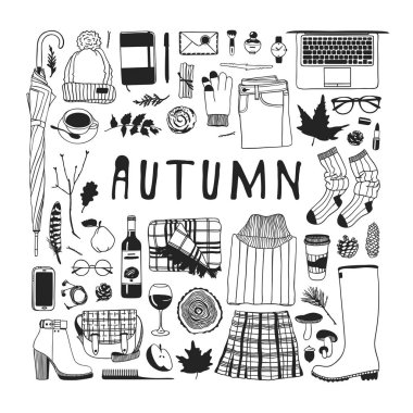 Elle çizilmiş sonbahar illüstrasyon. Yaratıcı mürekkep sanat okulu şeyler çalışır. Gerçek vektör öğrenci Seamless modeli - vektör