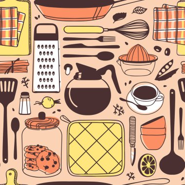 Hand drawn illustration cooking tools, dishes and food. Creative ink art work. Actual vector drawing. Kitchen set - Vector clipart
