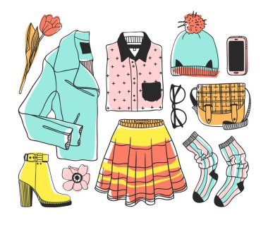 Elle çizilmiş moda illüstrasyon. Yaratıcı mürekkep sanat eseri. Gerçek vektör çizim bahar bakmak. Sokak aşınma ayarlamak bahar bakmak için