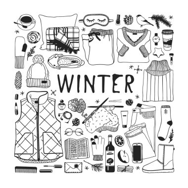Elle çizilmiş kış giysileri ayarlayın. Yaratıcı sanat çalışmaları. Sıcacık kış dekorasyon. Doodle tatil arka plan. -Vektör