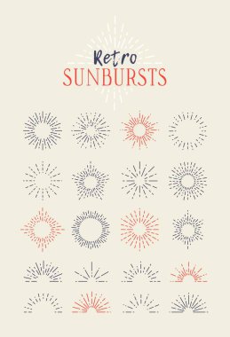 Vintage Sunbursts farklı şekillerde kümesi. Trendy elle çizilmiş Retro patlama ışınları tasarım öğeleri. Yenilikçi vektör çizim - vektör