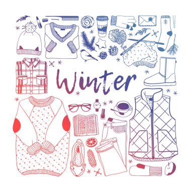 Elle çizilmiş kış giysileri ayarlayın. Yaratıcı sanat çalışmaları. Sıcacık kış dekorasyon. Doodle tatil arka plan. -Vektör