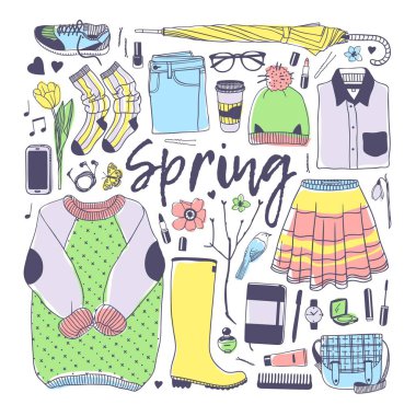 Elle çizilmiş moda illüstrasyon. Yaratıcı mürekkep sanat eseri. Çizim gerçek vektör bahar. Bahar aşınma ayarlamak. Vektör