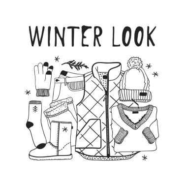 Elle çizilmiş kış giysileri ayarlayın. Yaratıcı sanat çalışmaları. Sıcacık kış dekorasyon. Doodle tatil arka plan. -Vektör