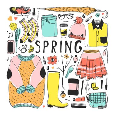 Elle çizilmiş moda illüstrasyon. Yaratıcı mürekkep sanat eseri. Çizim gerçek vektör bahar. Bahar aşınma ayarlamak. Vektör