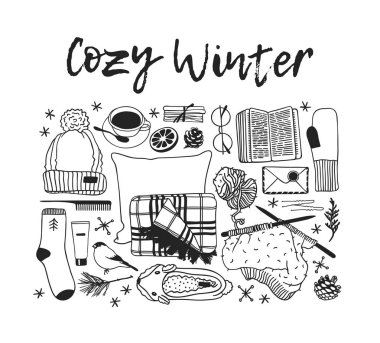 Elle çizilmiş kış giysileri ayarlayın. Yaratıcı sanat çalışmaları. Sıcacık kış dekorasyon. Doodle tatil arka plan. -Vektör