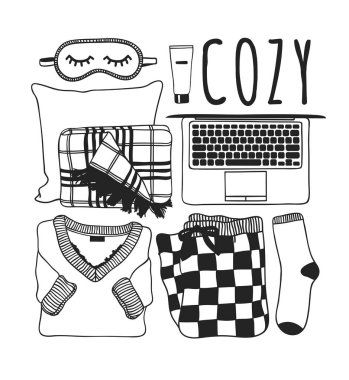Elle çizilmiş kış giysileri ayarlayın. Yaratıcı sanat çalışmaları. Sıcacık kış dekorasyon. Doodle tatil arka plan. -Vektör
