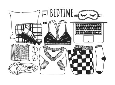 Elle çizilmiş kış giysileri ayarlayın. Yaratıcı sanat çalışmaları. Sıcacık kış dekorasyon. Doodle tatil arka plan. -Vektör