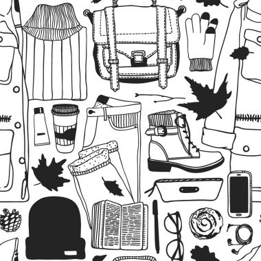 Elle çizilmiş sonbahar illüstrasyon. Yaratıcı mürekkep sanat okulu şeyler çalışır. Gerçek vektör öğrenci Seamless modeli - vektör