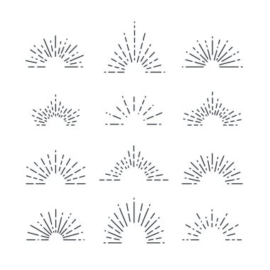 Farklı şekillerde Vintage Sunburst seti. Moda El Çekimi Retro Patlama Işınları Tasarım Elementleri. Hipster Vektör illüstrasyonu