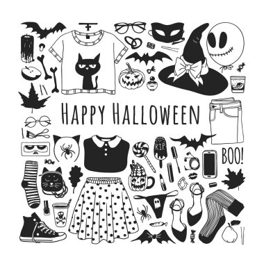 dizi düz Cadılar Bayramı simgeler, siyah ve beyaz, vektör çizim 