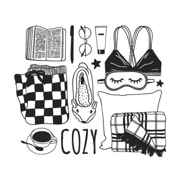 Elle çizilmiş kış giysileri ayarlayın. Yaratıcı sanat çalışmaları. Sıcacık kış dekorasyon. Doodle tatil arka plan. -Vektör