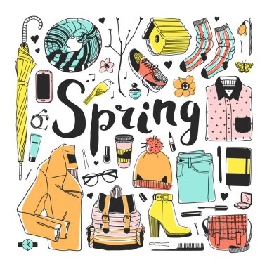 Elle çizilmiş moda illüstrasyon. Yaratıcı mürekkep sanat eseri. Çizim gerçek vektör bahar. Bahar aşınma ayarlamak. Vektör