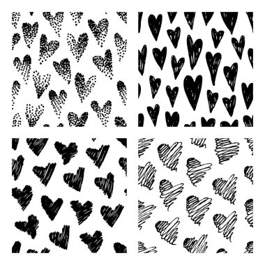 elle çizilmiş grunge Dikişsiz desen seti. Romantik arka planlar. Doodle çizim soyut. Vektör sanat illüstrasyon kalp - vektör