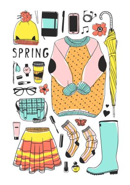 Elle çizilmiş moda illüstrasyon. Yaratıcı mürekkep sanat eseri. Gerçek vektör çizim bahar bakmak. Sokak aşınma ayarlamak bahar bakmak için