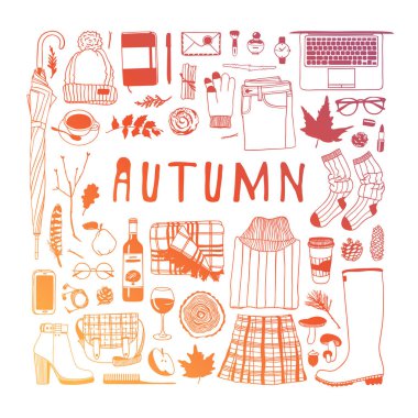 Elle çizilmiş sonbahar illüstrasyon. Yaratıcı mürekkep sanat okulu şeyler çalışır. Gerçek vektör öğrenci Seamless modeli - vektör