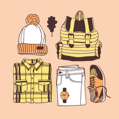 Elle çizilmiş moda illüstrasyon. Yaratıcı mürekkep sanat eseri. Gerçek vektör çizim bahar bakmak. Sokak giyim Sonbahar görünüm için ayarla