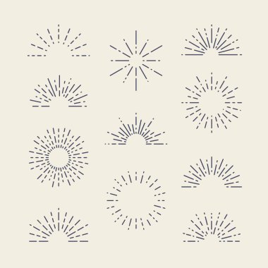 Farklı şekillerde Vintage Sunburst seti. Moda El Çekimi Retro Patlama Işınları Tasarım Elementleri. Hipster Vektör illüstrasyonu