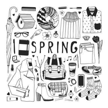 Elle çizilmiş moda illüstrasyon. Yaratıcı mürekkep sanat eseri. Çizim gerçek vektör bahar. Bahar aşınma ayarlamak. Vektör