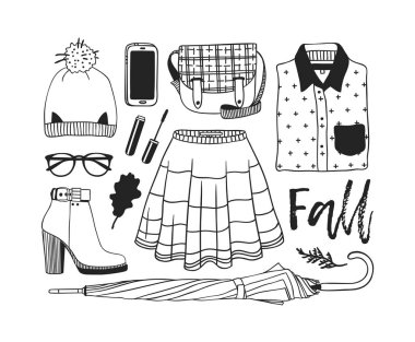 Elle çizilmiş moda illüstrasyon. Yaratıcı mürekkep sanat eseri. Gerçek vektör çizim bahar bakmak. Sokak giyim Sonbahar görünüm için ayarla
