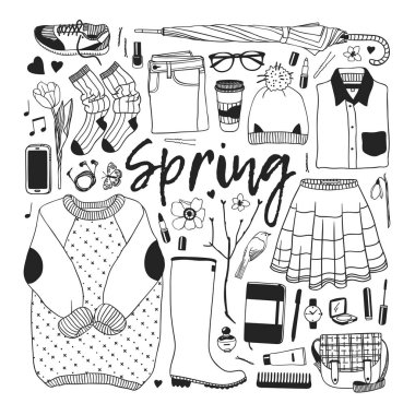 Elle çizilmiş moda illüstrasyon. Yaratıcı mürekkep sanat eseri. Çizim gerçek vektör bahar. Bahar aşınma ayarlamak. Vektör
