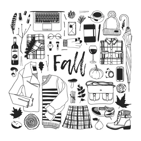 Elle çizilmiş sonbahar illüstrasyon. Yaratıcı mürekkep sanat okulu şeyler çalışır. Gerçek vektör öğrenci Seamless modeli - vektör