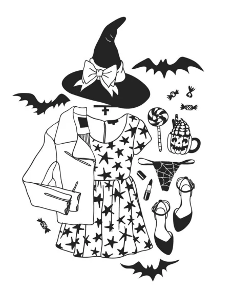 Aantal Platte Halloween Iconen Zwart Wit Vectorillustratie — Stockvector