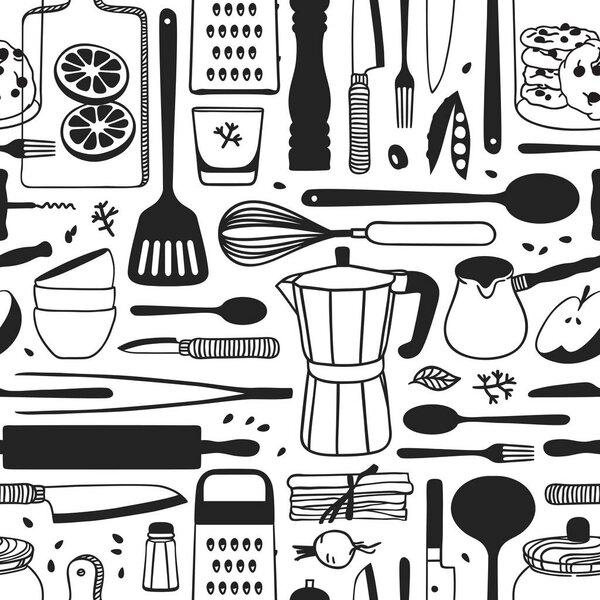 Ручной рисунок инструментов для приготовления пищи, блюд и пищи. Творческое чернильное искусство. Фактический векторный рисунок. Комплект кухни - Вектор

