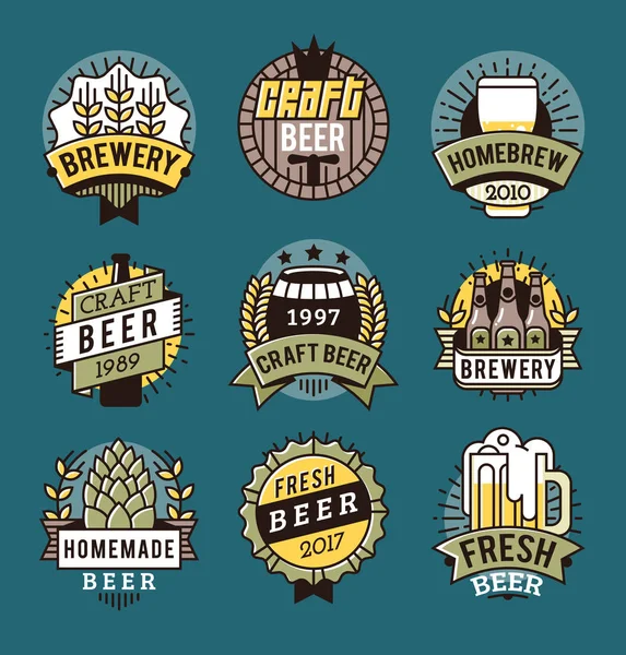 Set Insignias Arte Línea Vectorial Logos Cerveza Artesanal Etiquetas Vintage — Vector de stock