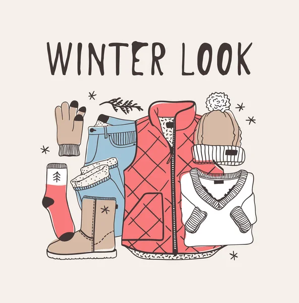 Handritad Vinterkläder Ställ Kreativa Konstverk Mysig Vinter Uppsättning Dekoration Doodle — Stock vektor