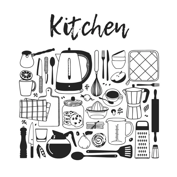 Illustration Dessinée Main Outils Cuisine Plats Aliments Œuvre Art Encre — Image vectorielle