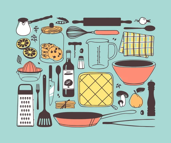 Ručně Tažené Ilustrace Kuchyňské Nástroje Nádobí Potravin Tvůrčí Rukopis Umělecké — Stockový vektor