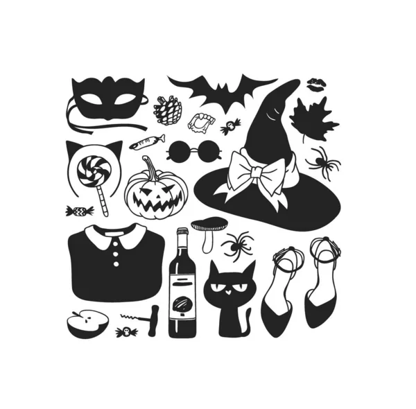 Aantal Platte Halloween Iconen Zwart Wit Vectorillustratie — Stockvector