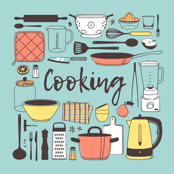 Ручной рисунок инструментов для приготовления пищи, блюд и пищи. Творческое чернильное искусство. Фактический векторный рисунок. Комплект кухни - Вектор
